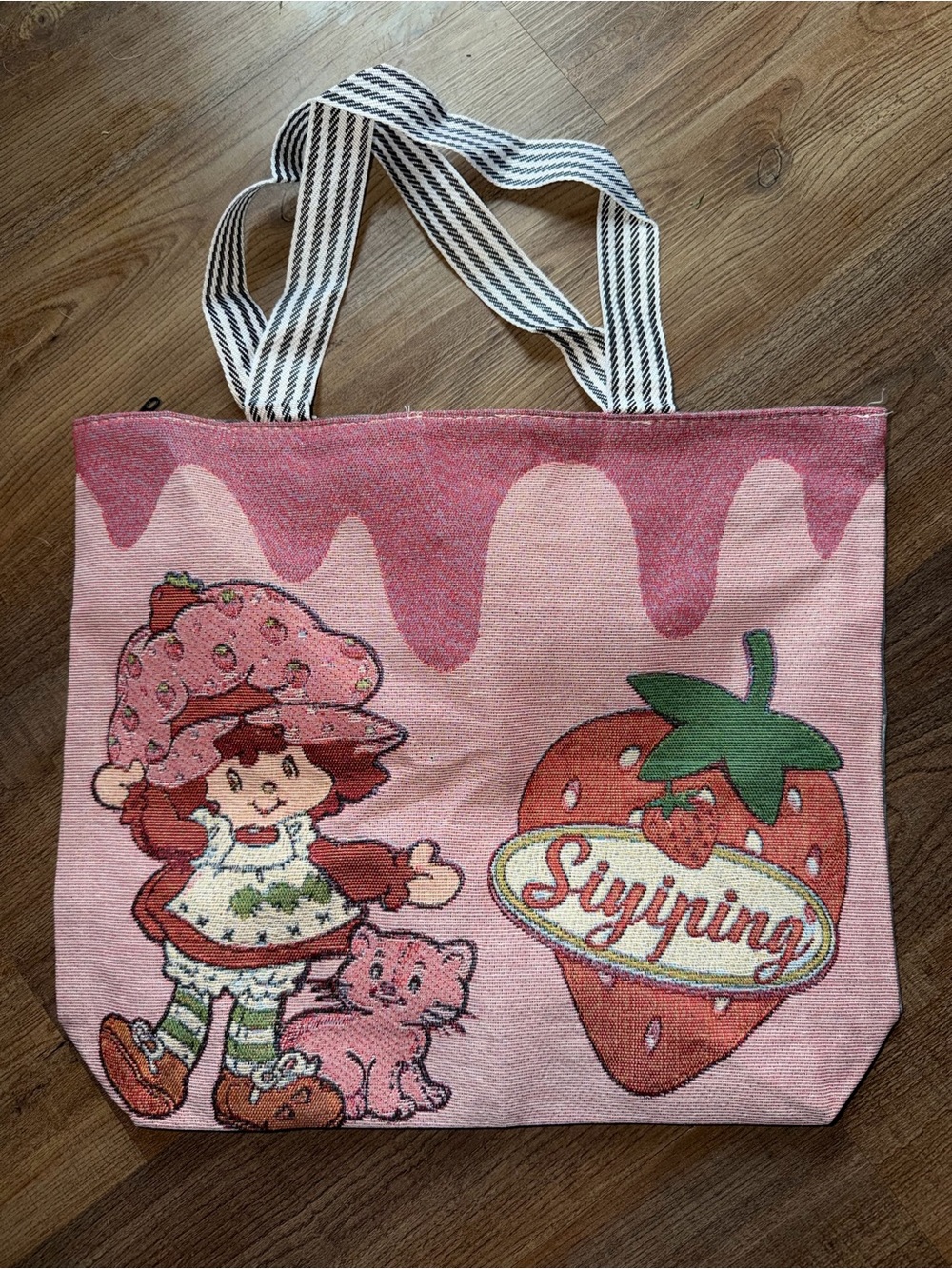 Pink Strawberry Graphic Tote Bag with Striped Handles